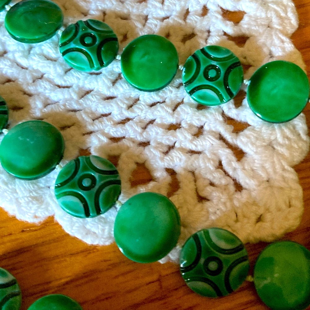 Necklace, green, round stones, 26” Long; double for a thicker necklace
